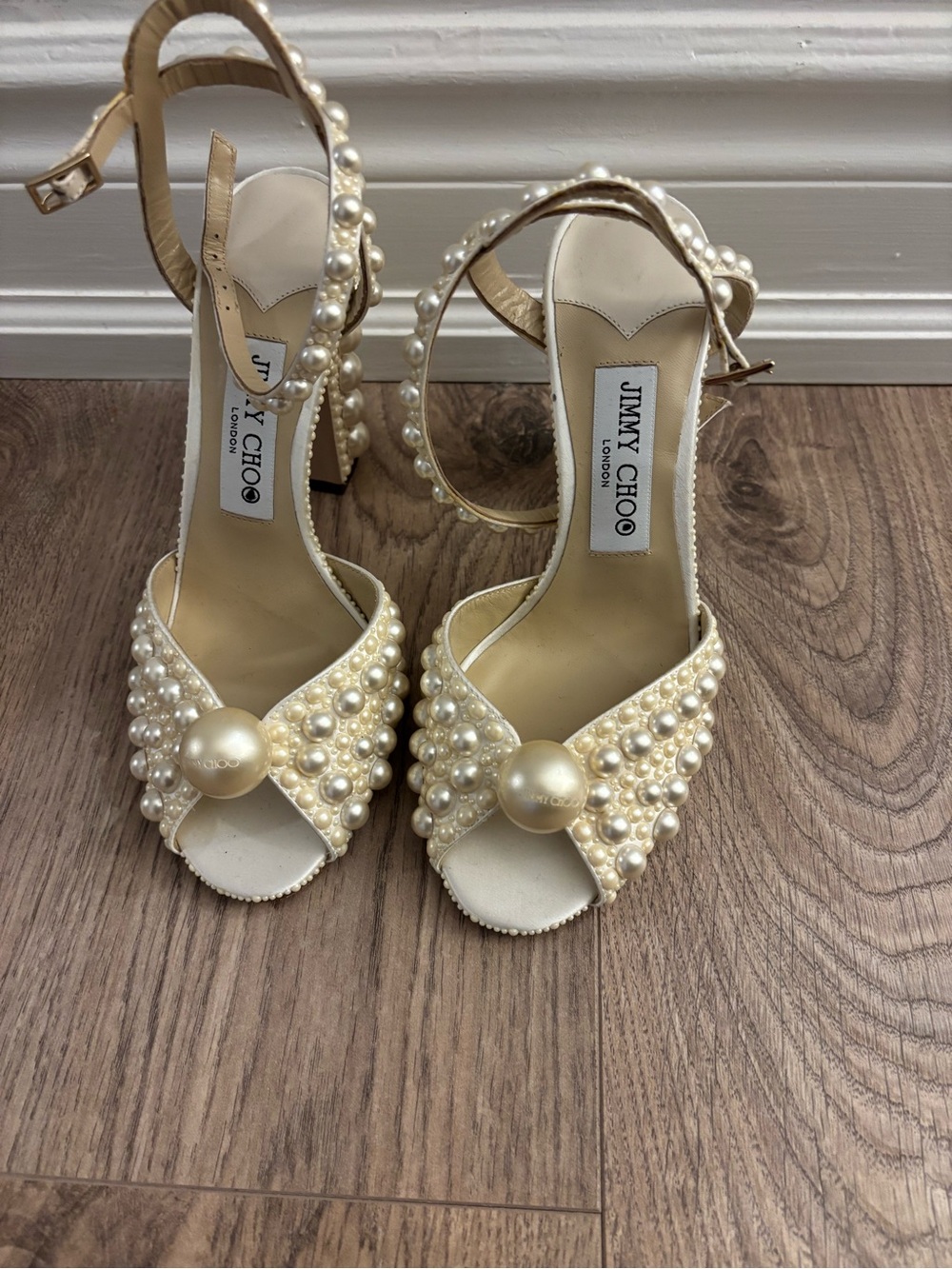 Jimmy Choo Champagne Pearl-Embellished Open-Toe Heels